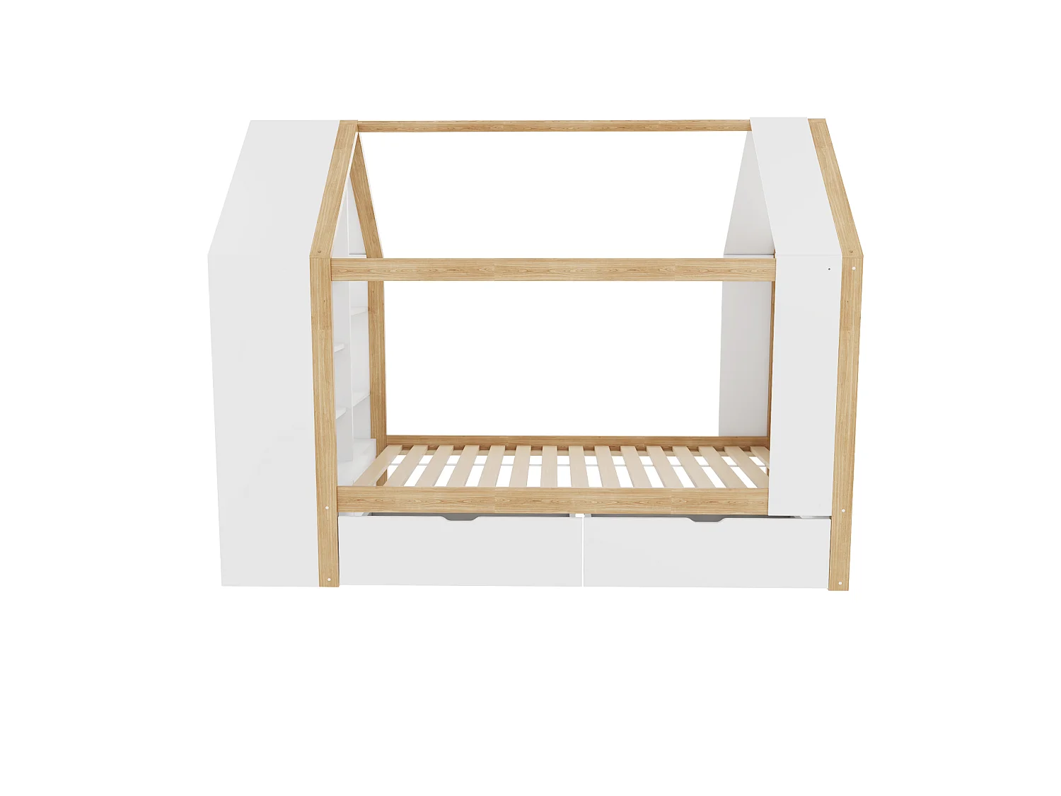 Lit cabane 90x200 cm avec 2 tiroirs, LED et rangements, en bois, blanc et naturel, sans matelas