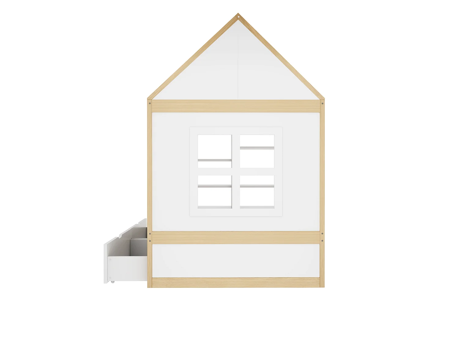 Lit cabane 90x200 cm avec 2 tiroirs, LED et rangements, en bois, blanc et naturel, sans matelas