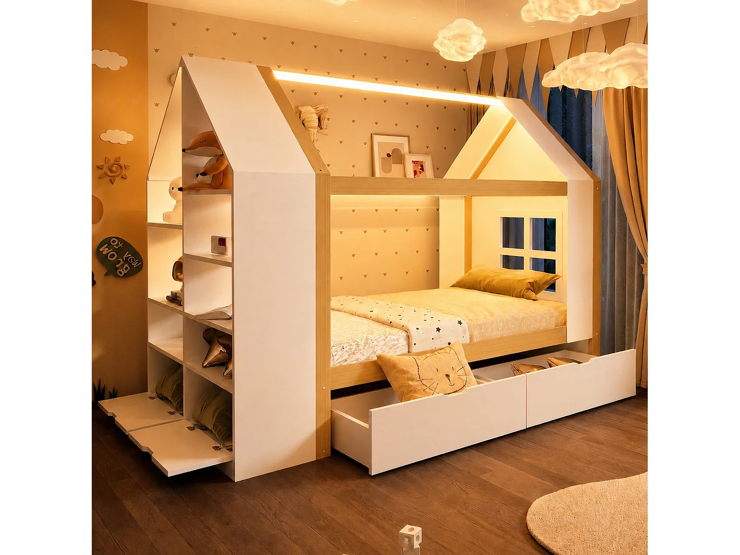 Lit cabane 90x200 cm avec 2 tiroirs, LED et rangements, en bois, blanc et naturel, sans matelas