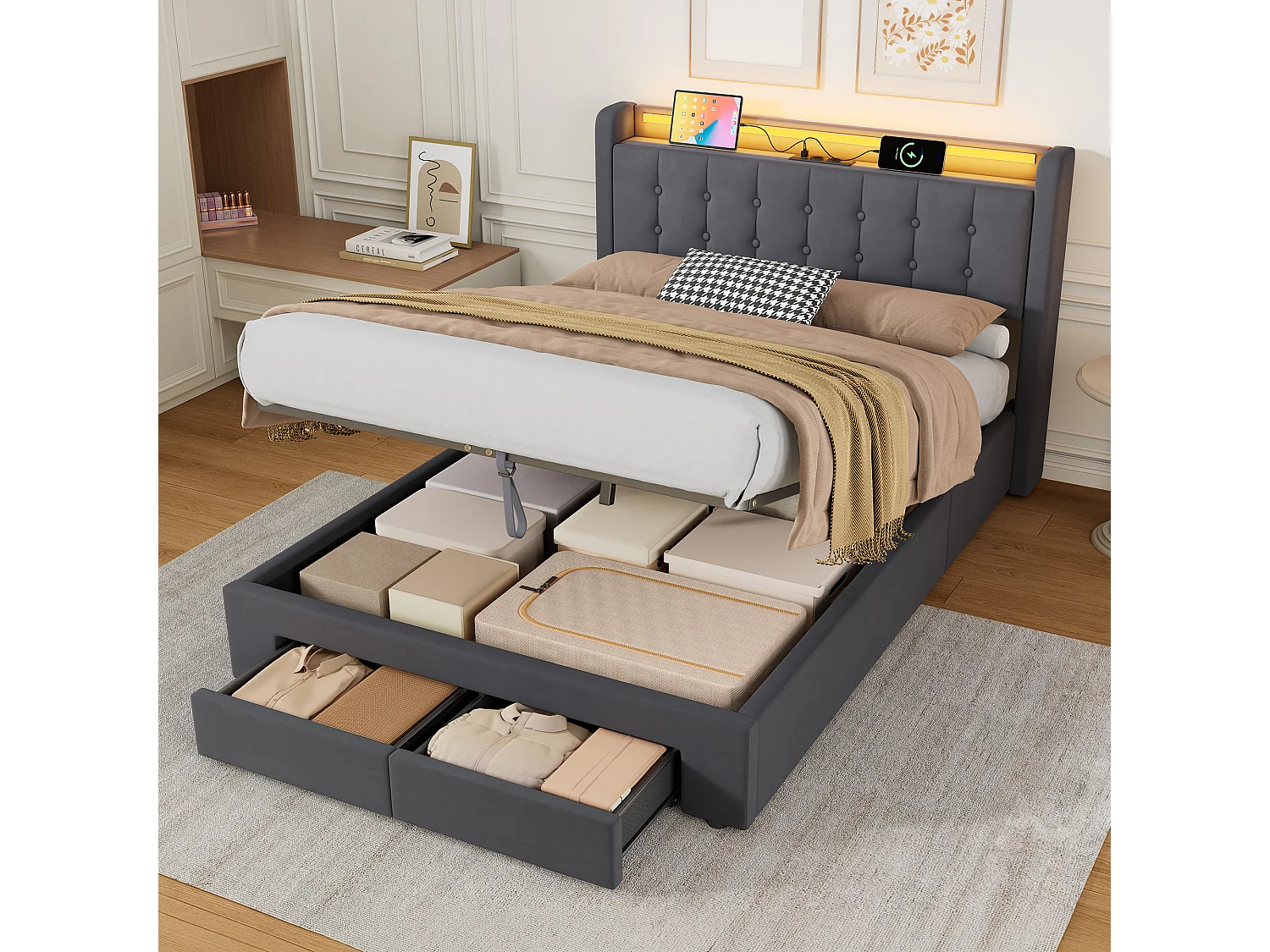 Lit coffre 140x190 cm avec LED, 2 tiroirs, port USB et tête de lit avec rangement, en velours, gris foncé, sans matelas