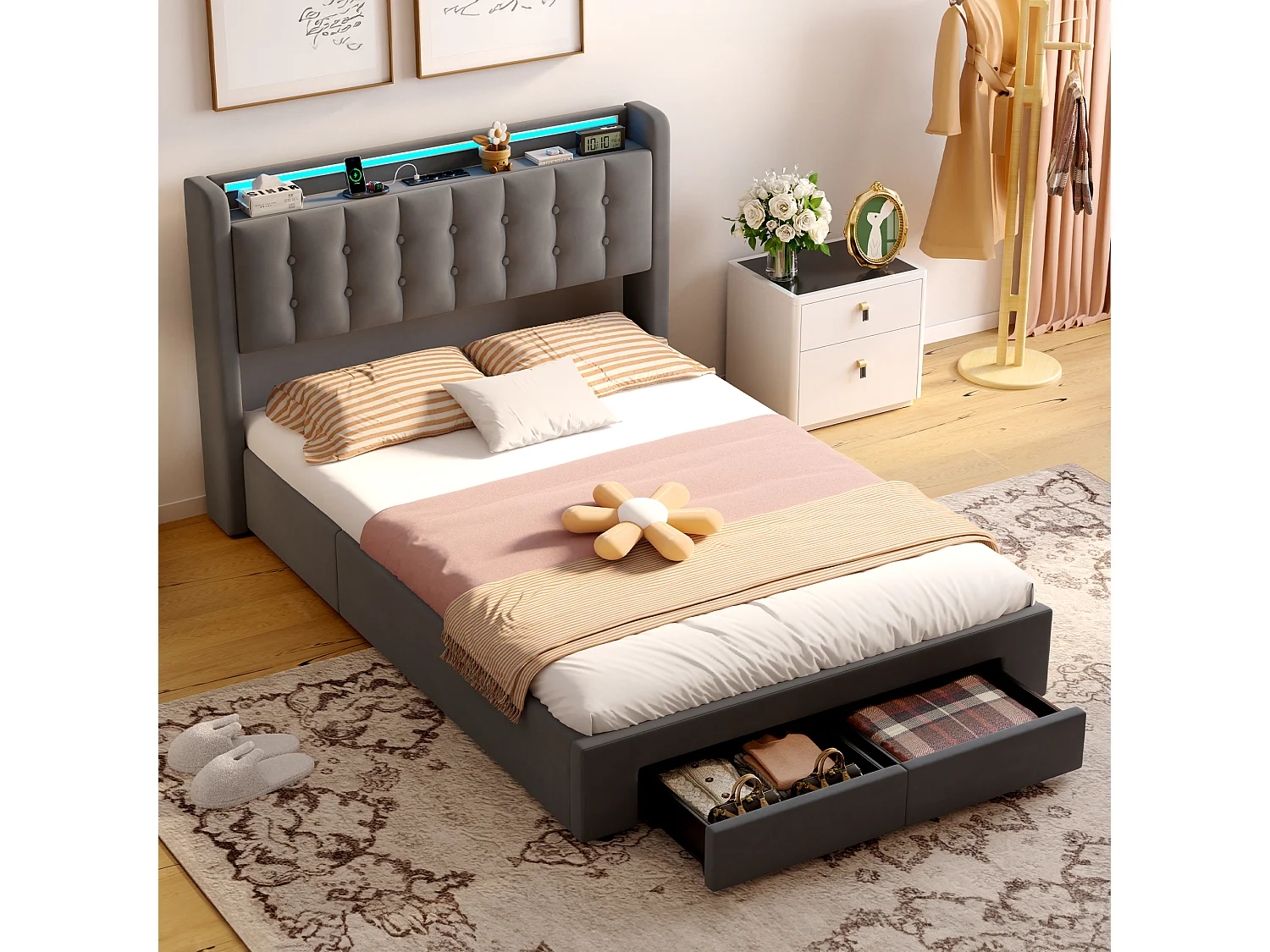 Lit coffre 140x190 cm avec LED, 2 tiroirs, port USB et tête de lit avec rangement, en velours, gris foncé, sans matelas
