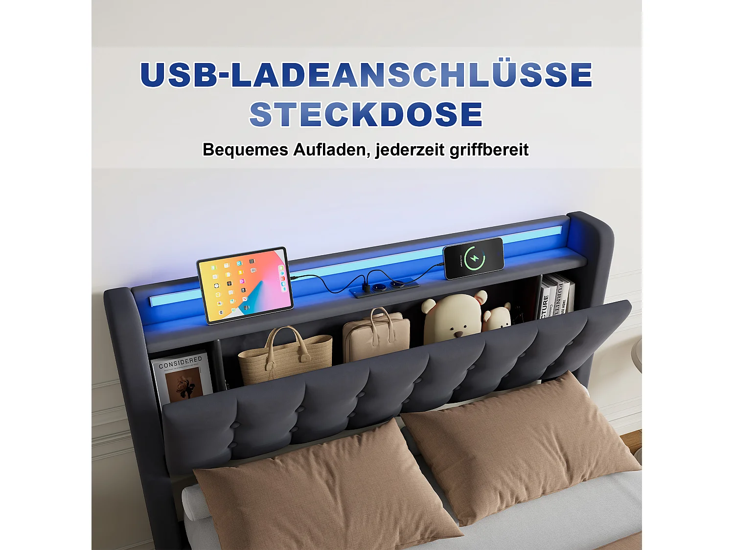 Lit coffre 140x190 cm avec LED, 2 tiroirs, port USB et tête de lit avec rangement, en velours, gris foncé, sans matelas