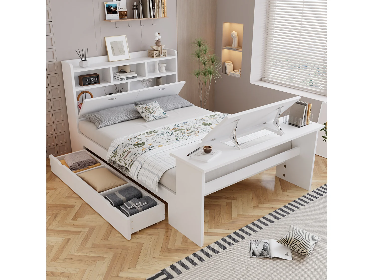 Lit adulte 140x200 cm avec table rabattable réglable, tiroir et tête de lit avec rangement, en bois, blanc, sans matelas