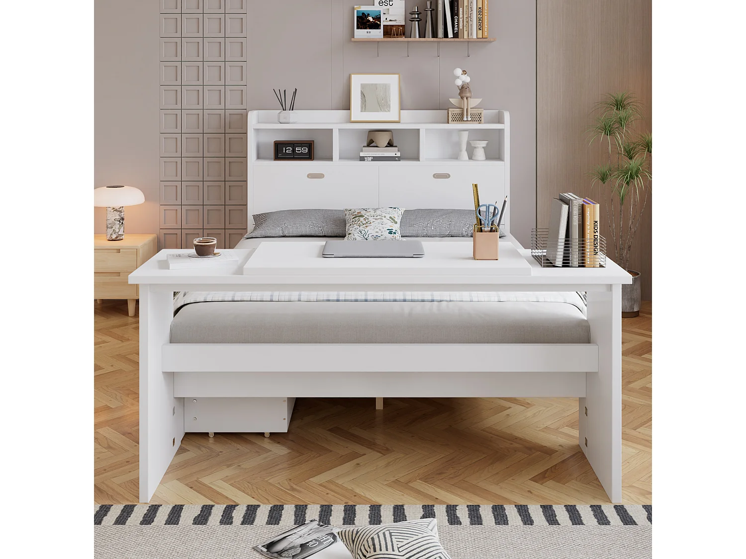 Lit adulte 140x200 cm avec table rabattable réglable, tiroir et tête de lit avec rangement, en bois, blanc, sans matelas