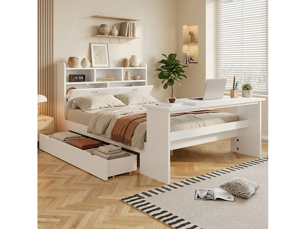 Lit adulte 140x200 cm avec table rabattable réglable, tiroir et tête de lit avec rangement, en bois, blanc, sans matelas