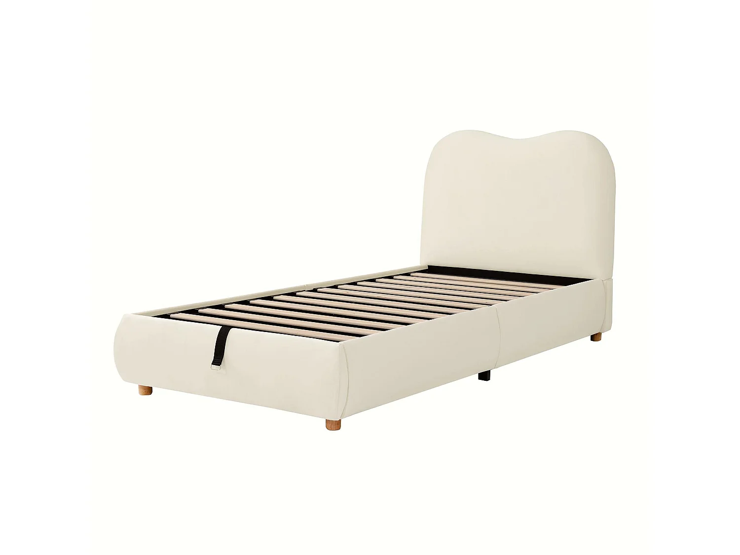 Lit coffre enfant 90x200 cm avec tête de lit rembourrée et rangement, en velours, beige, sans matelas
