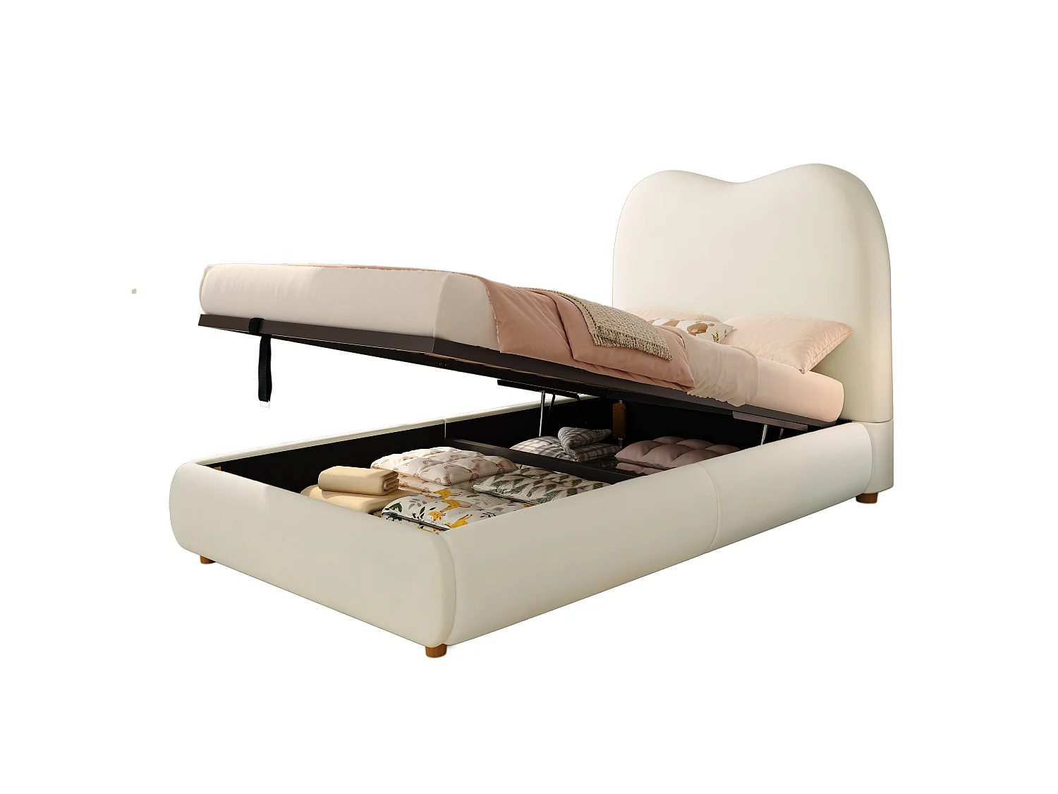 Lit coffre enfant 90x200 cm avec tête de lit rembourrée et rangement, en velours, beige, sans matelas