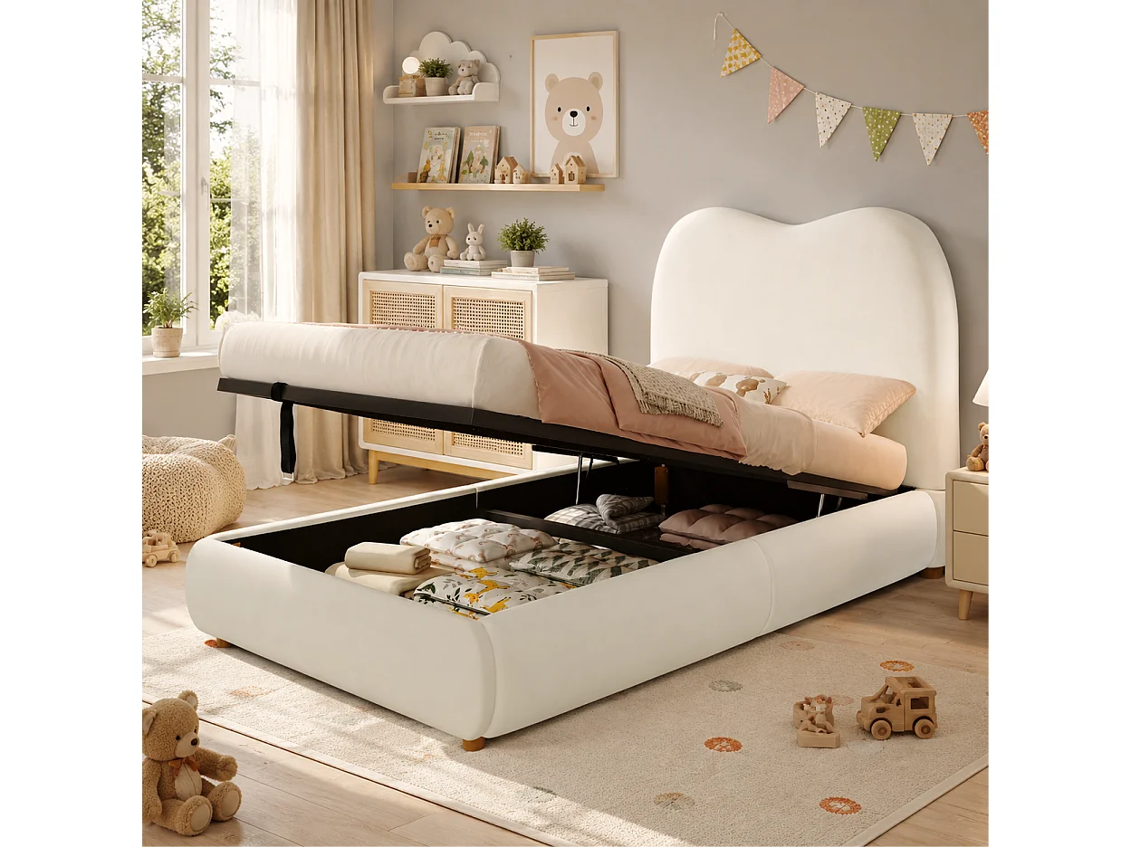 Lit coffre enfant 90x200 cm avec tête de lit rembourrée et rangement, en velours, beige, sans matelas