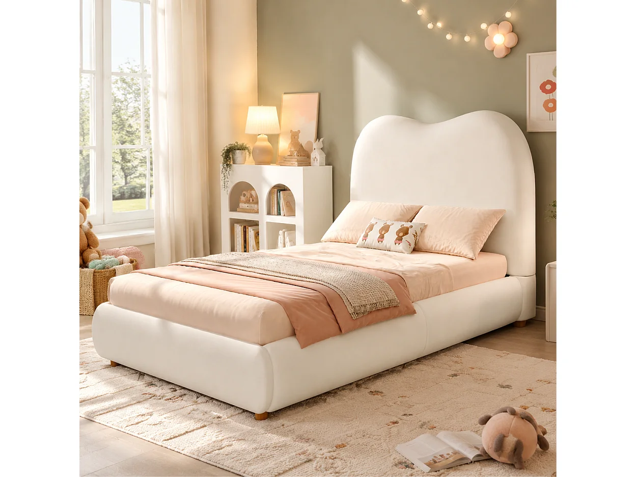 Lit coffre enfant 90x200 cm avec tête de lit rembourrée et rangement, en velours, beige, sans matelas