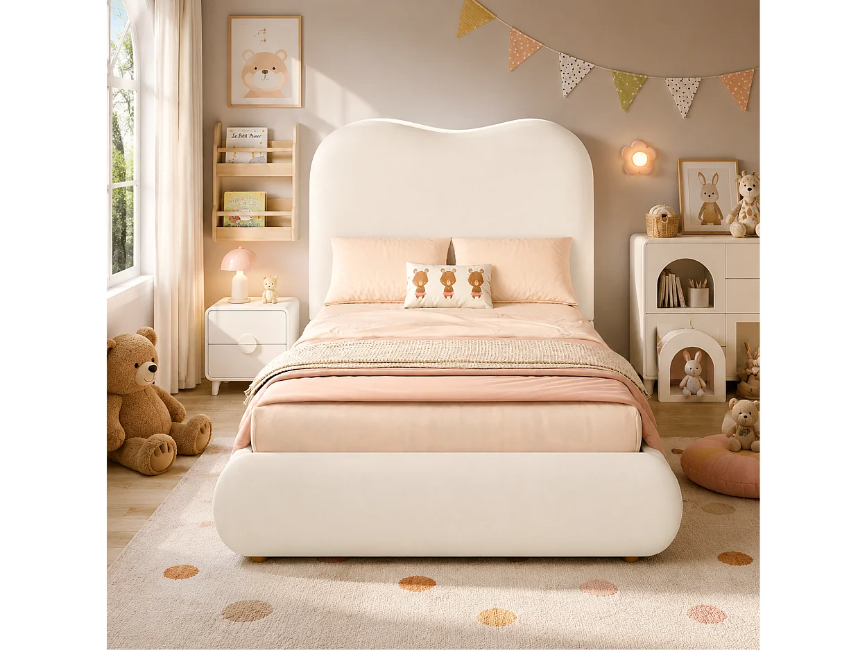 Lit coffre enfant 90x200 cm avec tête de lit rembourrée et rangement, en velours, beige, sans matelas