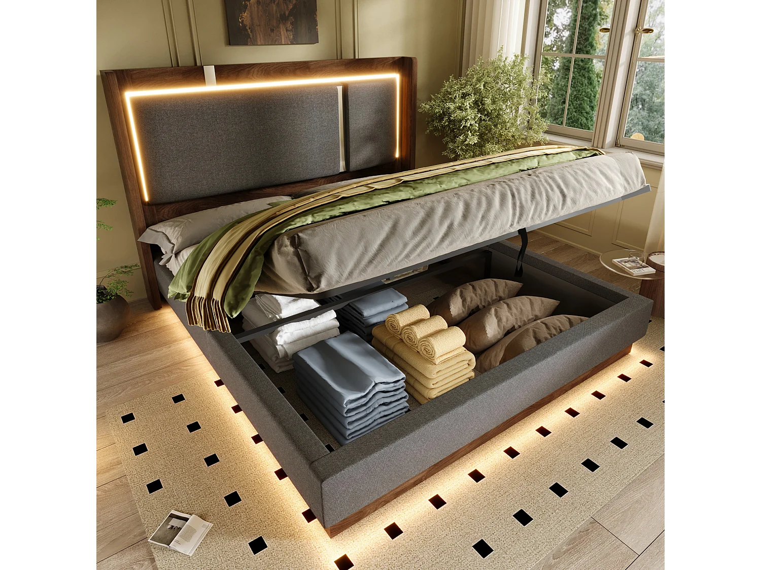 Lit coffre 160x200 cm avec LED et rangement, tête de lit, en lin, gris et noyer, sans matelas