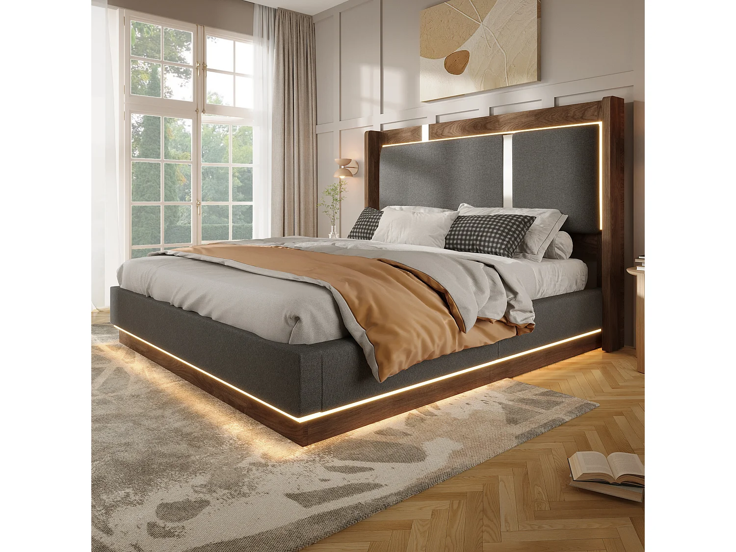 Lit coffre 160x200 cm avec LED et rangement, tête de lit, en lin, gris et noyer, sans matelas