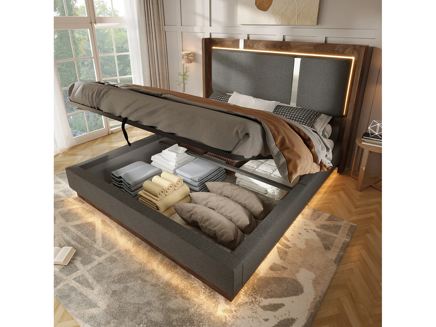 Lit coffre 160x200 cm avec LED et rangement, tête de lit, en lin, gris et noyer, sans matelas