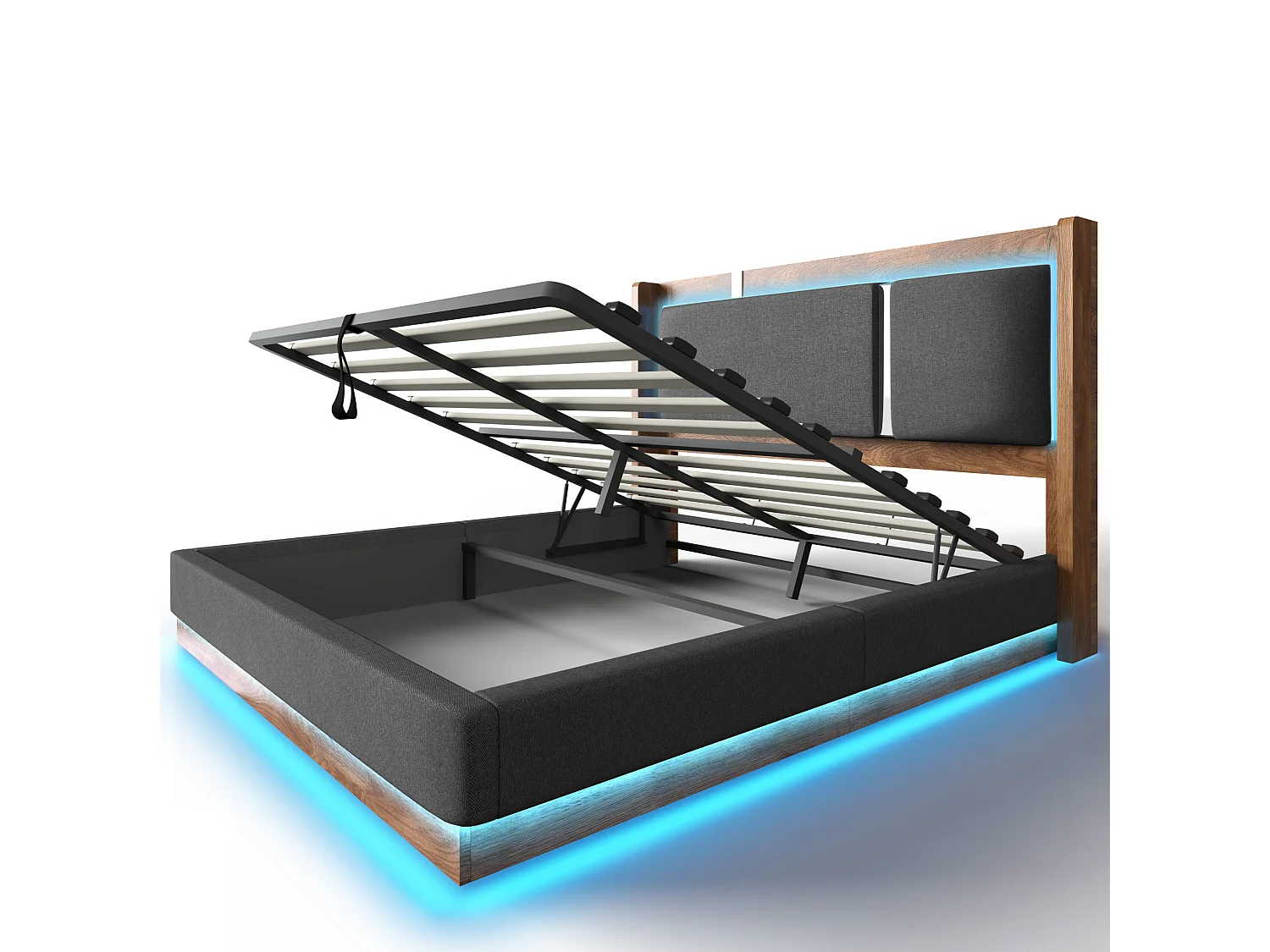 Lit coffre 160x200 cm avec LED et rangement, tête de lit, en lin, gris et noyer, sans matelas