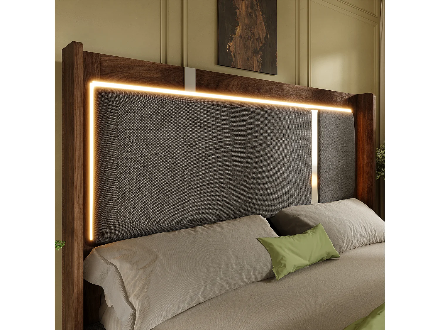 Lit coffre 160x200 cm avec LED et rangement, tête de lit, en lin, gris et noyer, sans matelas