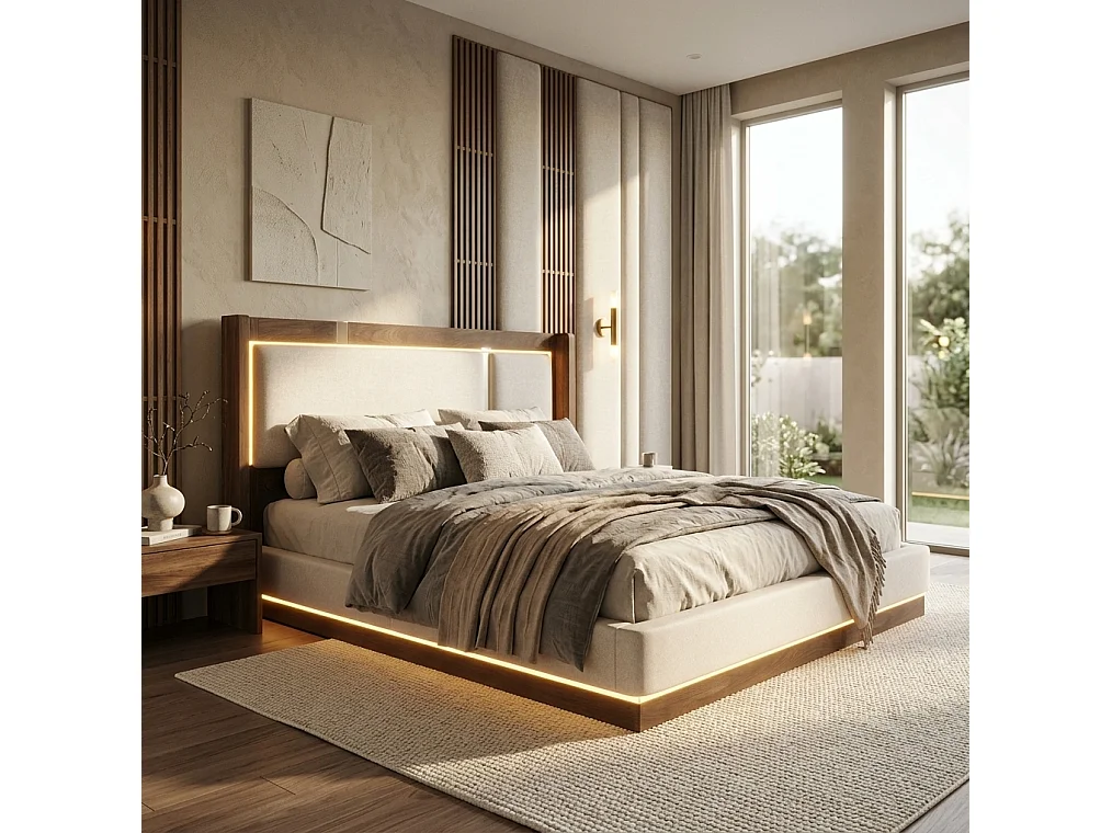 Lit coffre 180x200 cm avec LED et rangement, tête de lit haute, en lin, beige et noyer, sans matelas