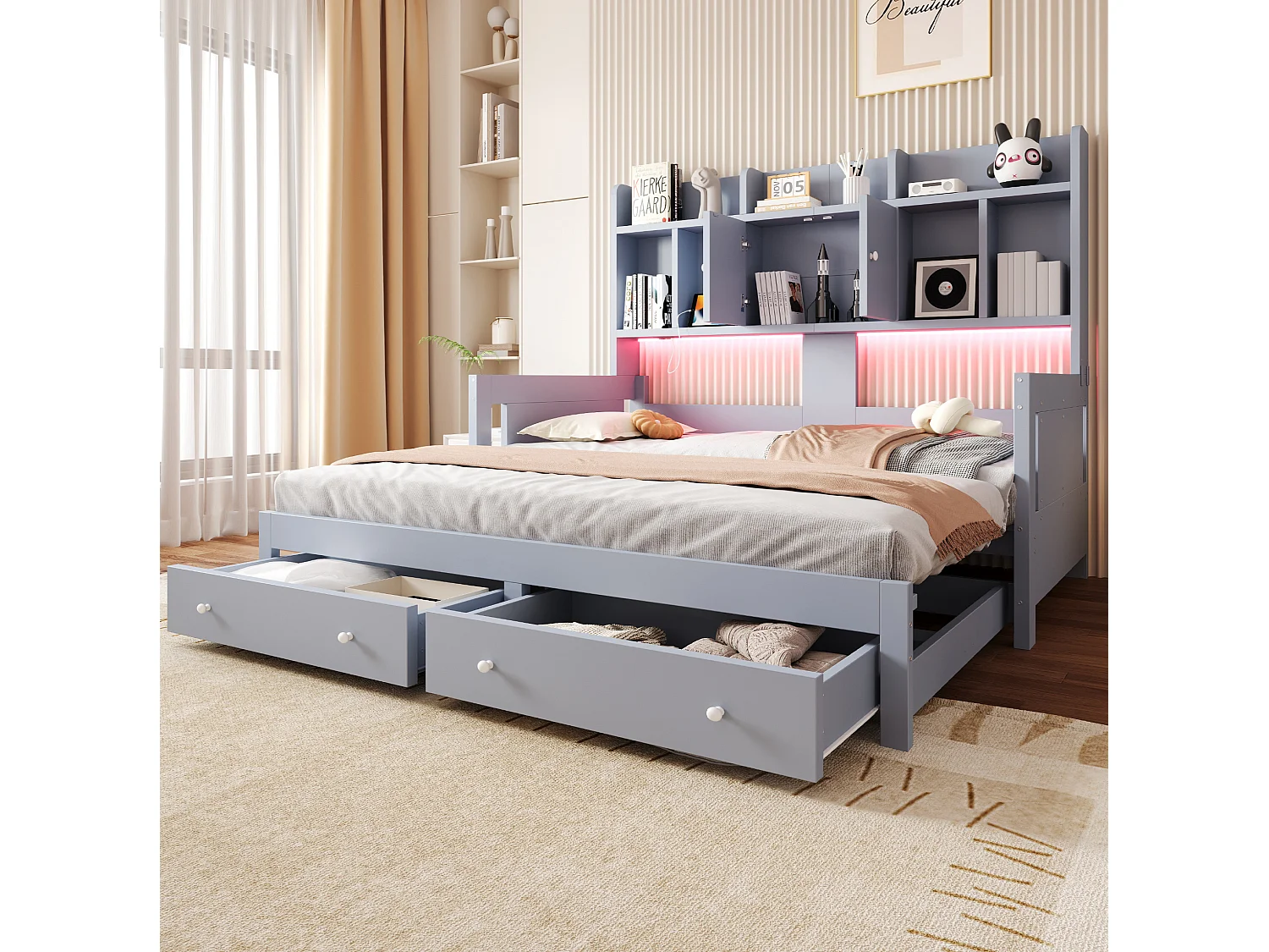 Letto estraibile 90x190 cm con cassetti, vani portaoggetti, LED e presa, in legno, grigio, senza materasso