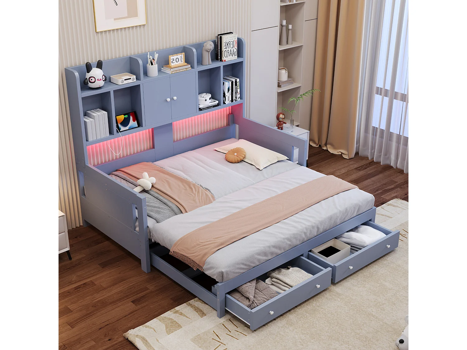 Letto estraibile 90x190 cm con cassetti, vani portaoggetti, LED e presa, in legno, grigio, senza materasso
