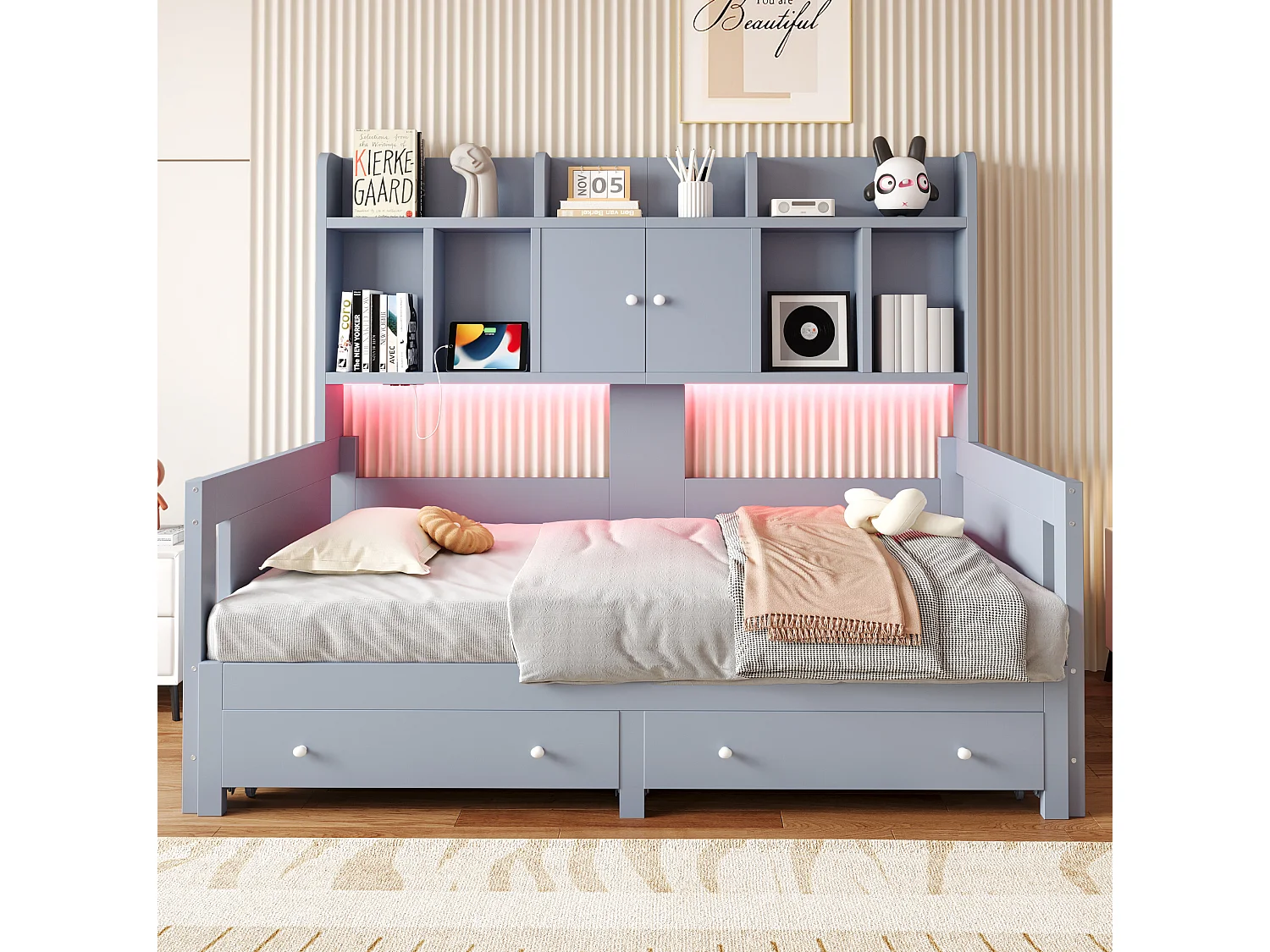 Letto estraibile 90x190 cm con cassetti, vani portaoggetti, LED e presa, in legno, grigio, senza materasso
