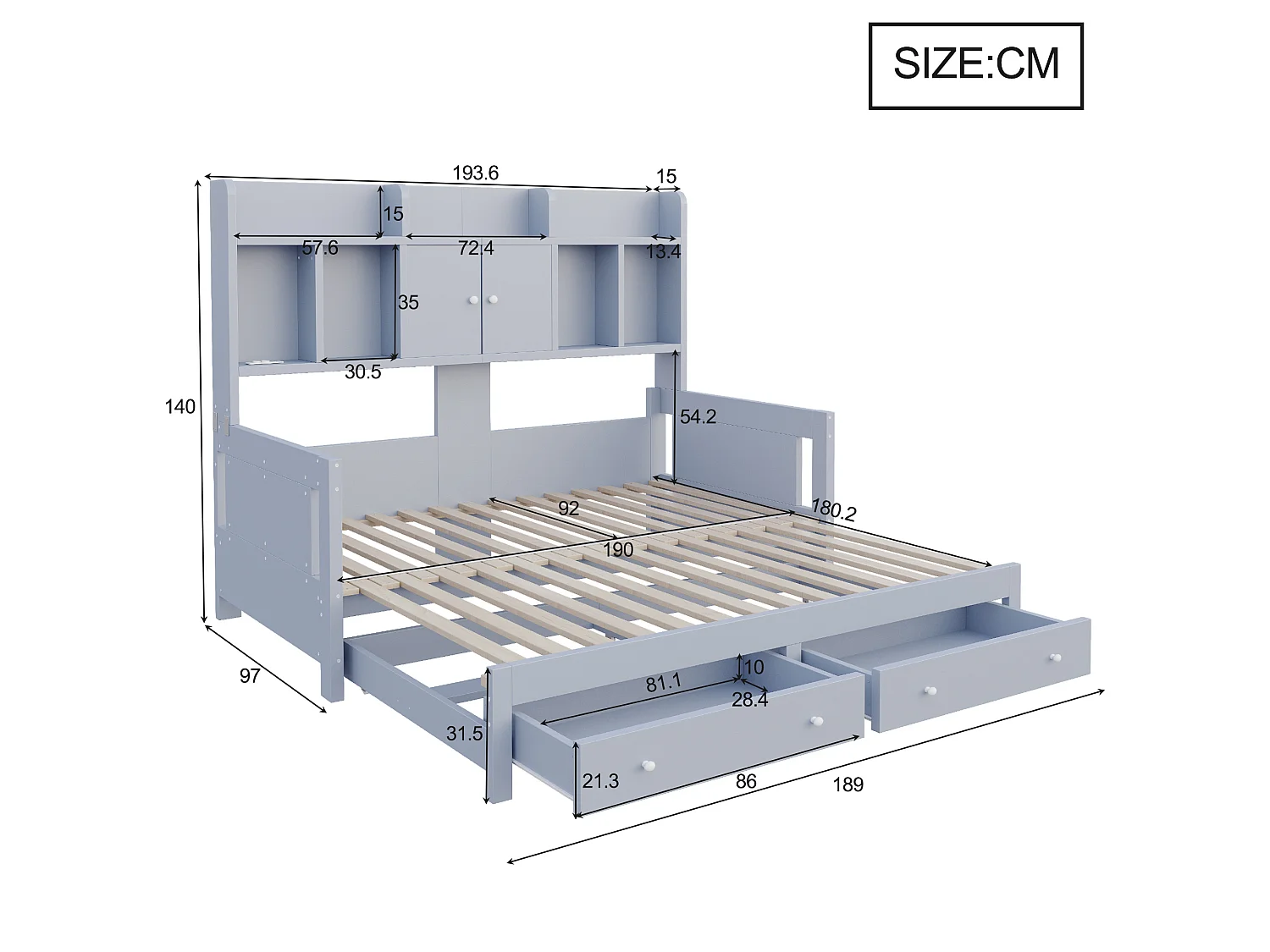 Letto estraibile 90x190 cm con cassetti, vani portaoggetti, LED e presa, in legno, grigio, senza materasso