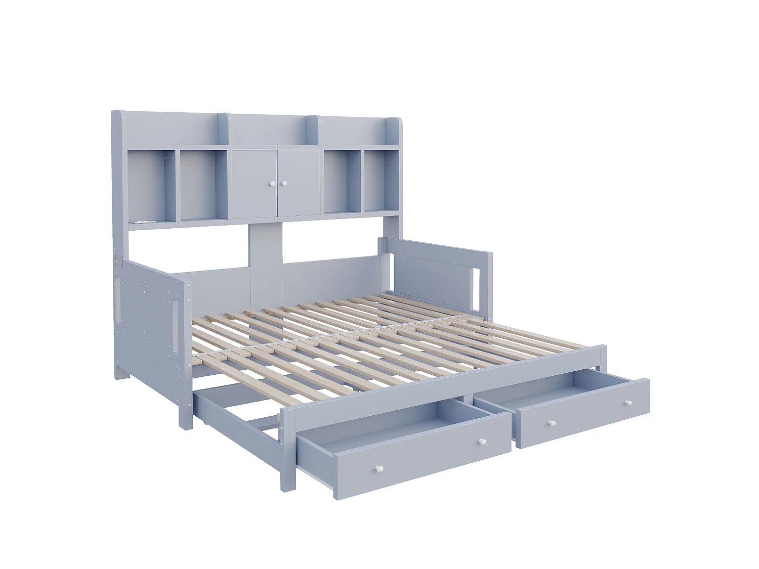 Letto estraibile 90x190 cm con cassetti, vani portaoggetti, LED e presa, in legno, grigio, senza materasso