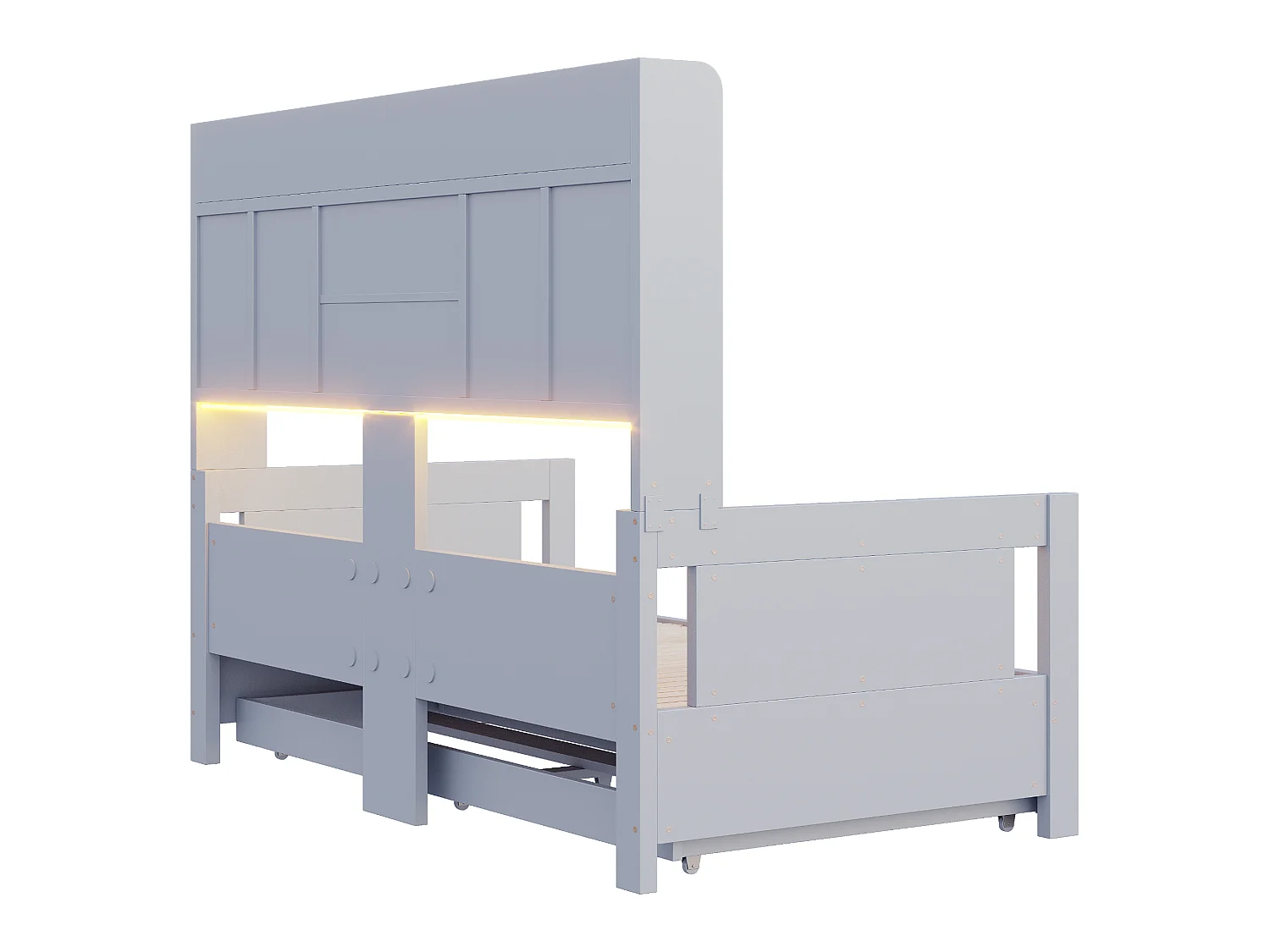 Letto estraibile 90x190 cm con cassetti, vani portaoggetti, LED e presa, in legno, grigio, senza materasso