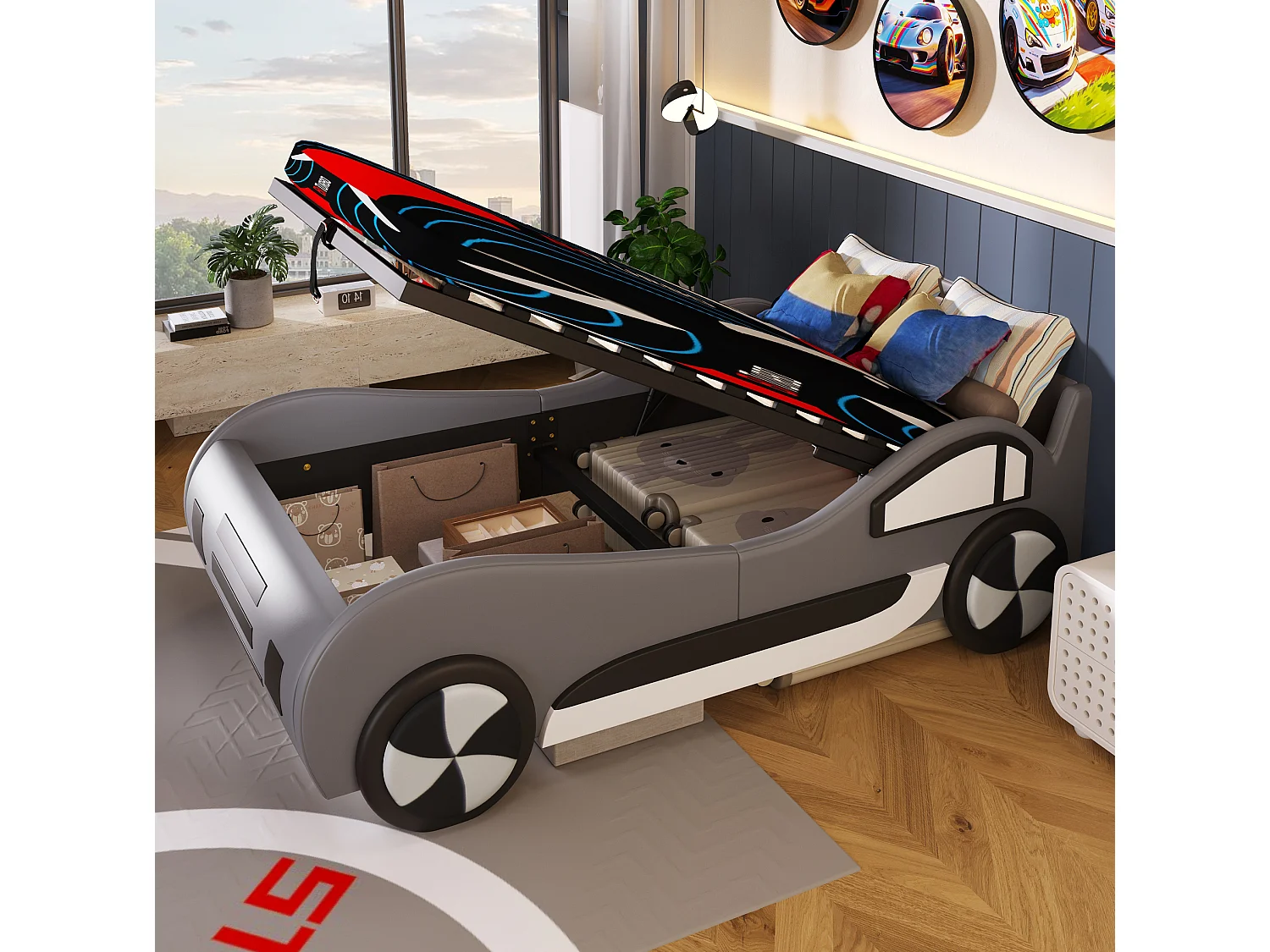 Lit coffre enfant 90x200 cm avec rangement sous sommier, design voiture, en MDF, gris, sans matelas