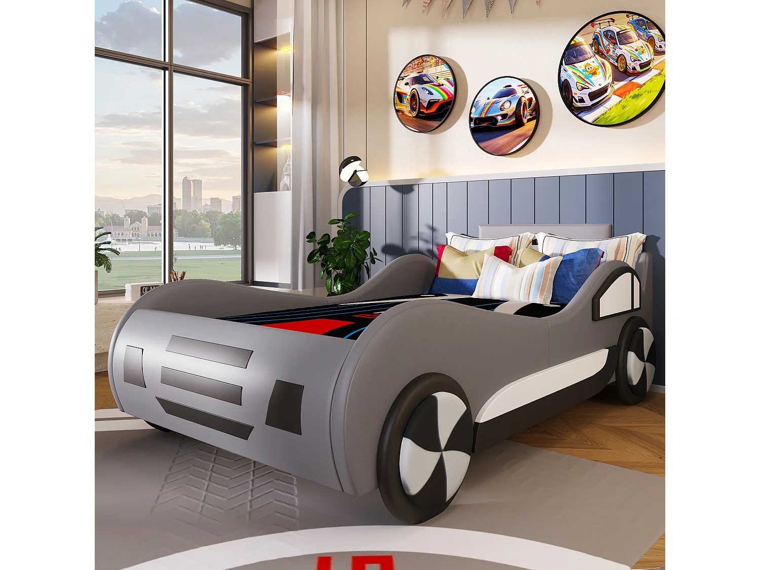 Lit coffre enfant 90x200 cm avec rangement sous sommier, design voiture, en MDF, gris, sans matelas