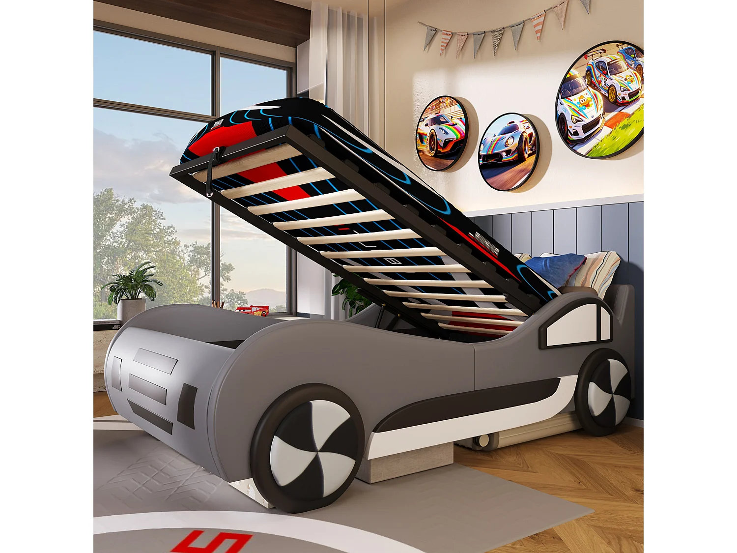 Lit coffre enfant 90x200 cm avec rangement sous sommier, design voiture, en MDF, gris, sans matelas