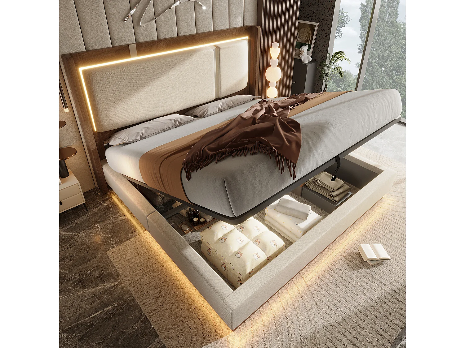Lit coffre 160x200 cm avec LED et rangement, tête de lit, en lin, beige et noyer, sans matelas