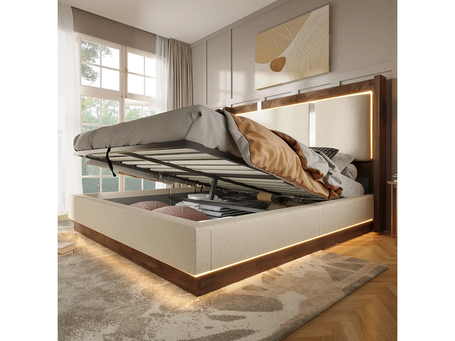 Lit coffre 160x200 cm avec LED et rangement, tête de lit, en lin, beige et noyer, sans matelas