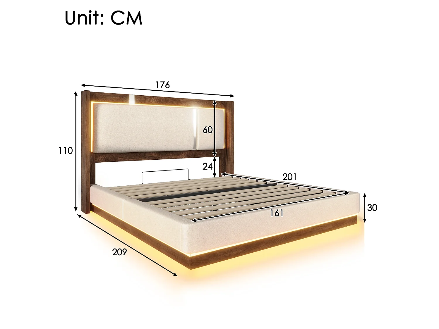 Lit coffre 160x200 cm avec LED et rangement, tête de lit, en lin, beige et noyer, sans matelas