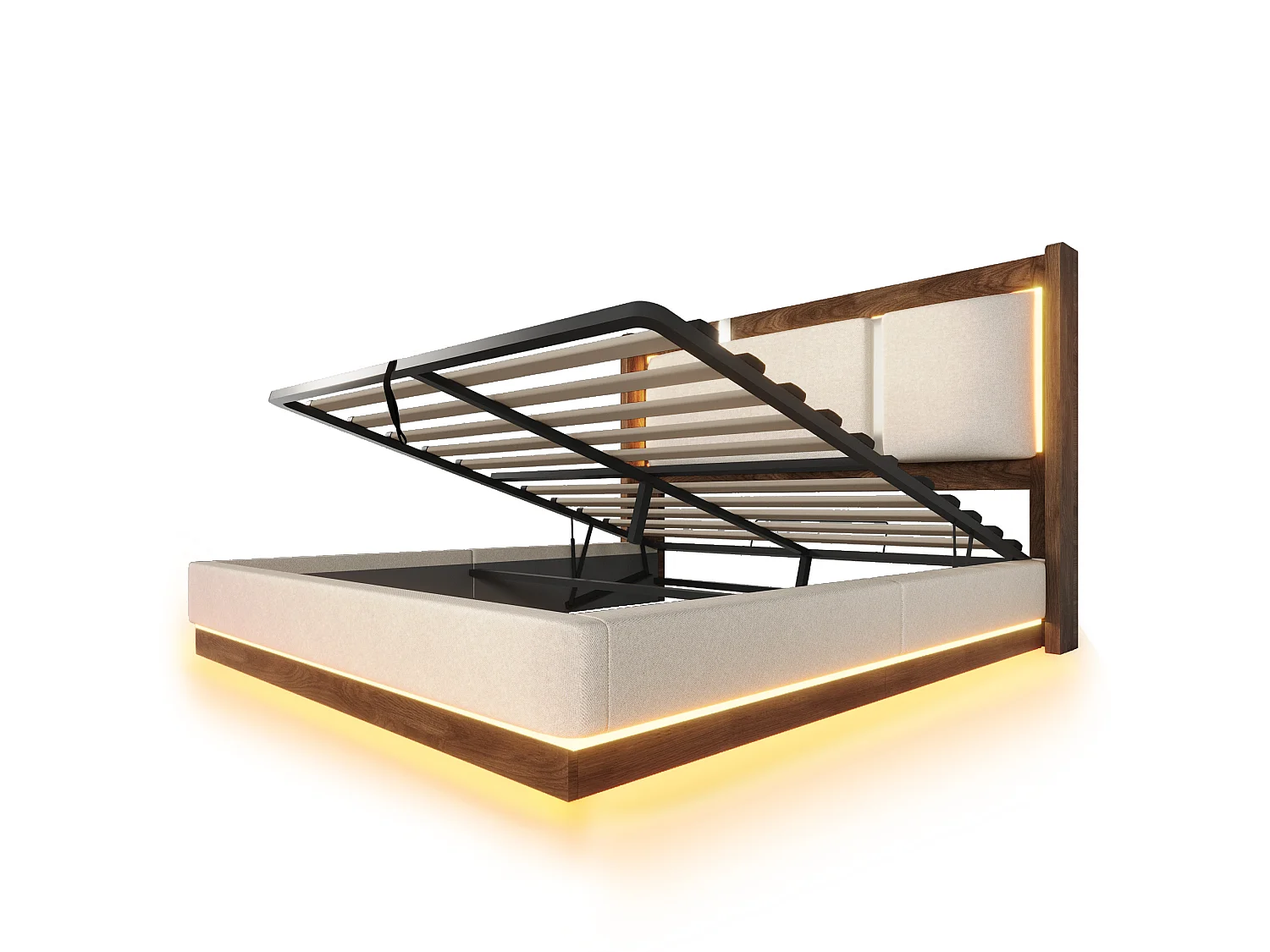 Lit coffre 160x200 cm avec LED et rangement, tête de lit, en lin, beige et noyer, sans matelas