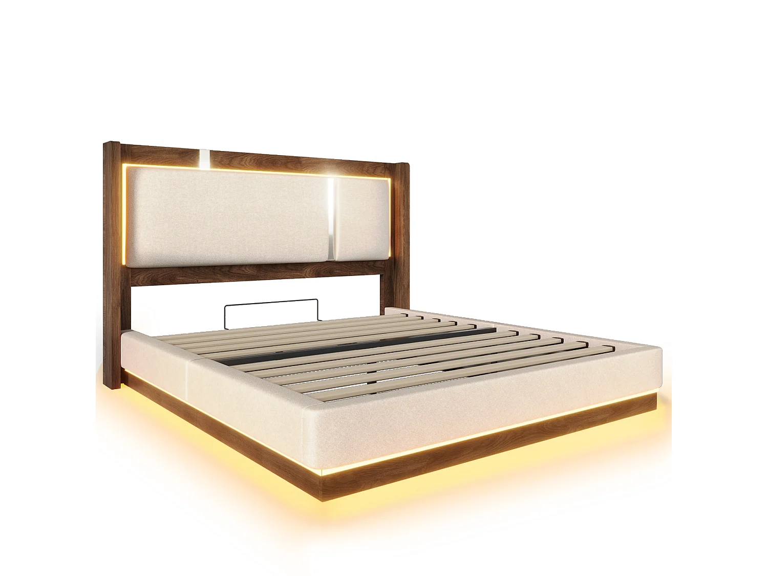 Lit coffre 160x200 cm avec LED et rangement, tête de lit, en lin, beige et noyer, sans matelas