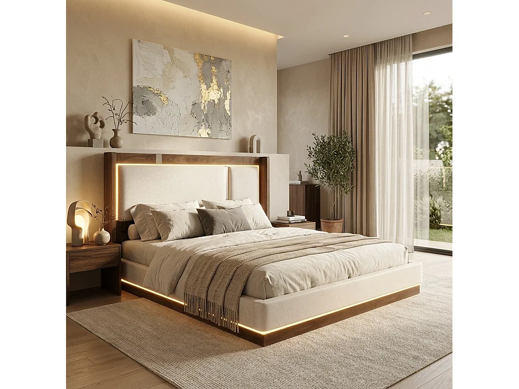 Lit coffre 160x200 cm avec LED et rangement, tête de lit, en lin, beige et noyer, sans matelas