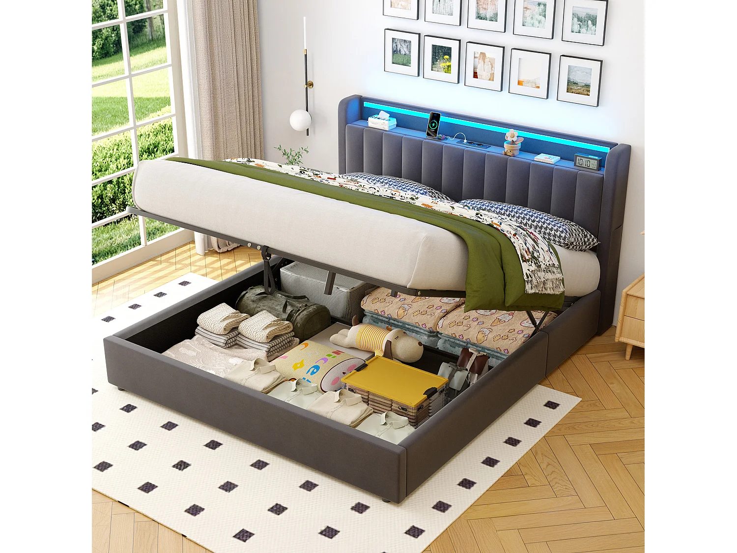 Lit coffre 180x200 cm avec LED, port USB, tête de lit avec rangement et sommier inclus, en velours, gris foncé, sans matelas