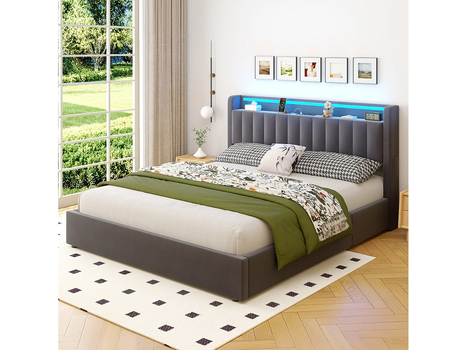 Lit coffre 180x200 cm avec LED, port USB, tête de lit avec rangement et sommier inclus, en velours, gris foncé, sans matelas
