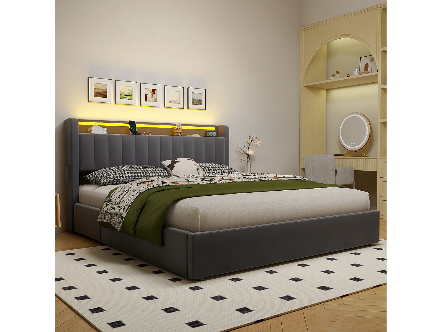 Lit coffre 180x200 cm avec LED, port USB, tête de lit avec rangement et sommier inclus, en velours, gris foncé, sans matelas