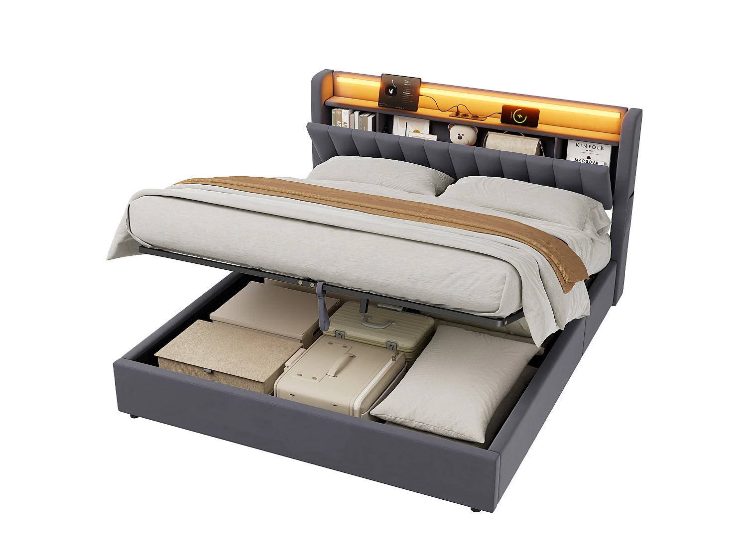 Lit coffre 180x200 cm avec LED, port USB, tête de lit avec rangement et sommier inclus, en velours, gris foncé, sans matelas