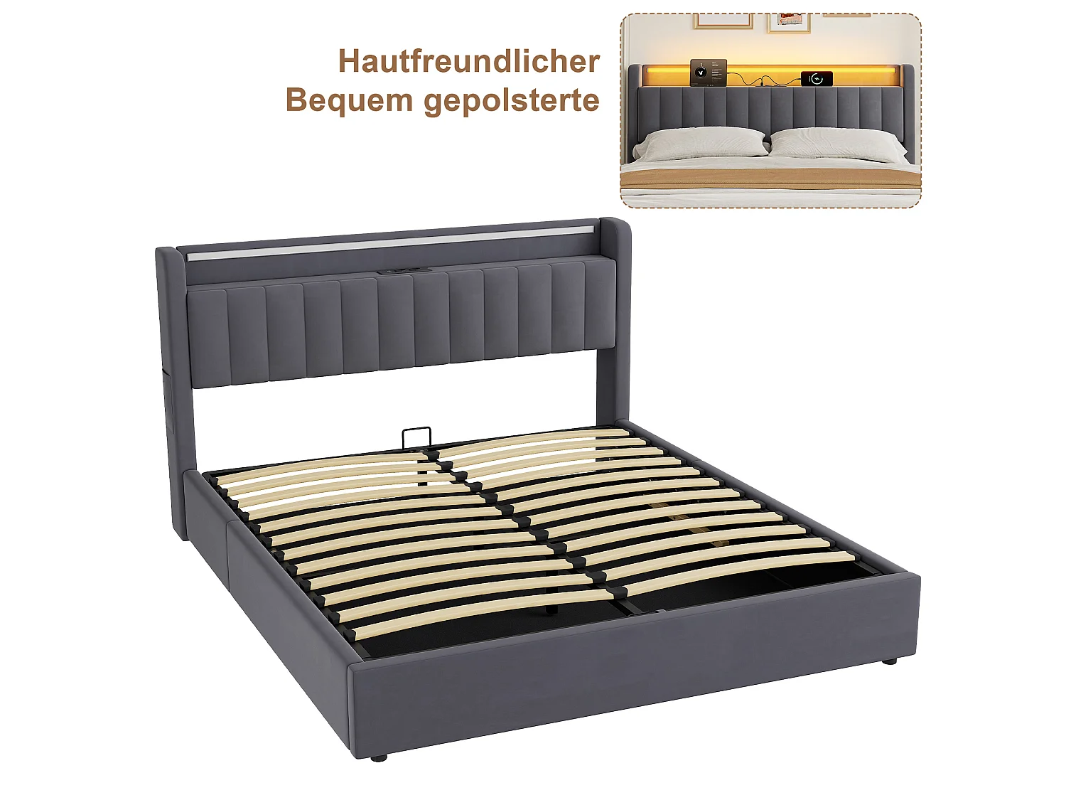 Lit coffre 180x200 cm avec LED, port USB, tête de lit avec rangement et sommier inclus, en velours, gris foncé, sans matelas