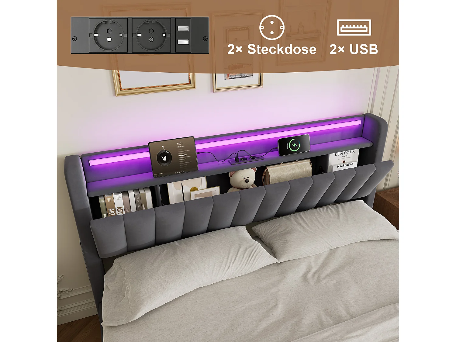 Lit coffre 180x200 cm avec LED, port USB, tête de lit avec rangement et sommier inclus, en velours, gris foncé, sans matelas