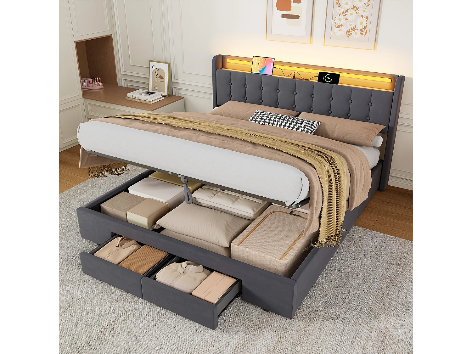 Lit coffre 180x200 cm avec LED, 2 tiroirs, port USB et tête de lit avec rangement, en velours, gris foncé, sans matelas