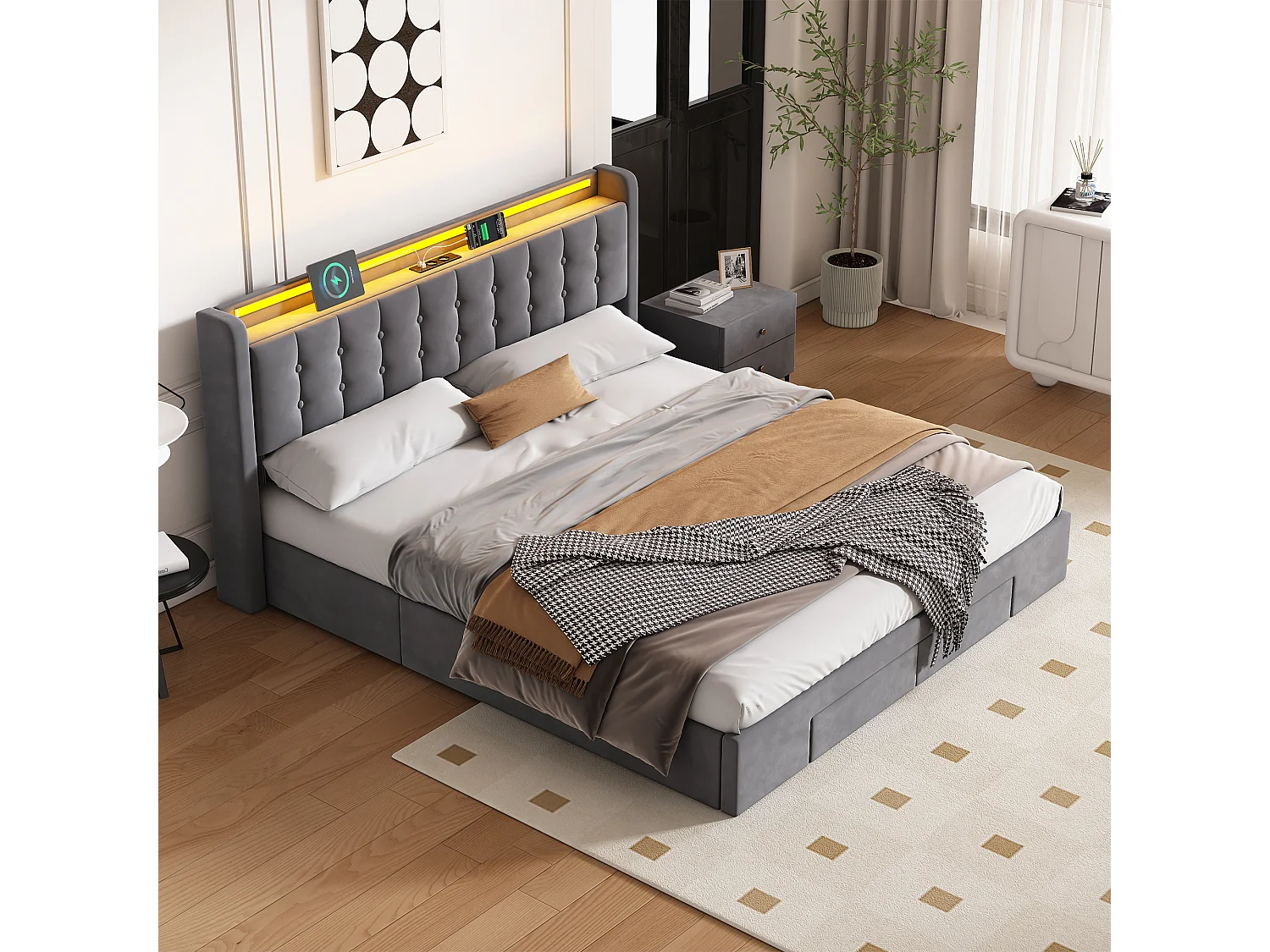 Lit coffre 180x200 cm avec LED, 2 tiroirs, port USB et tête de lit avec rangement, en velours, gris foncé, sans matelas