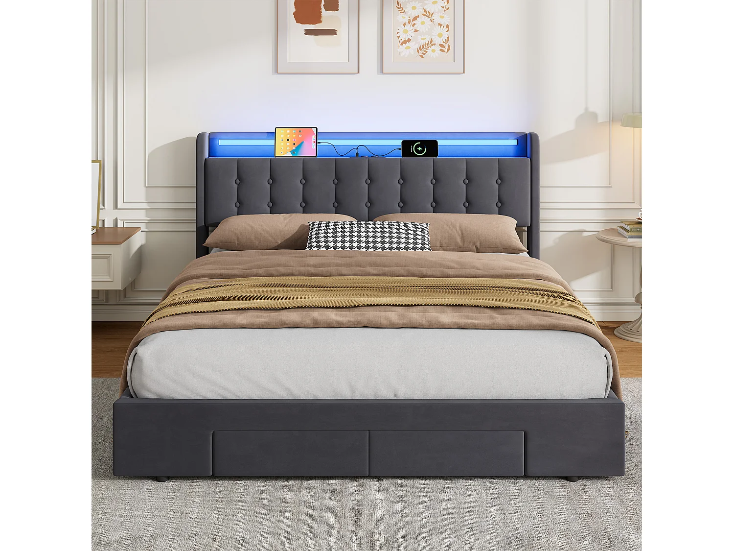 Lit coffre 180x200 cm avec LED, 2 tiroirs, port USB et tête de lit avec rangement, en velours, gris foncé, sans matelas