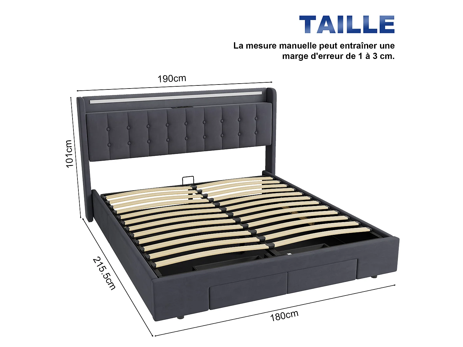 Lit coffre 180x200 cm avec LED, 2 tiroirs, port USB et tête de lit avec rangement, en velours, gris foncé, sans matelas