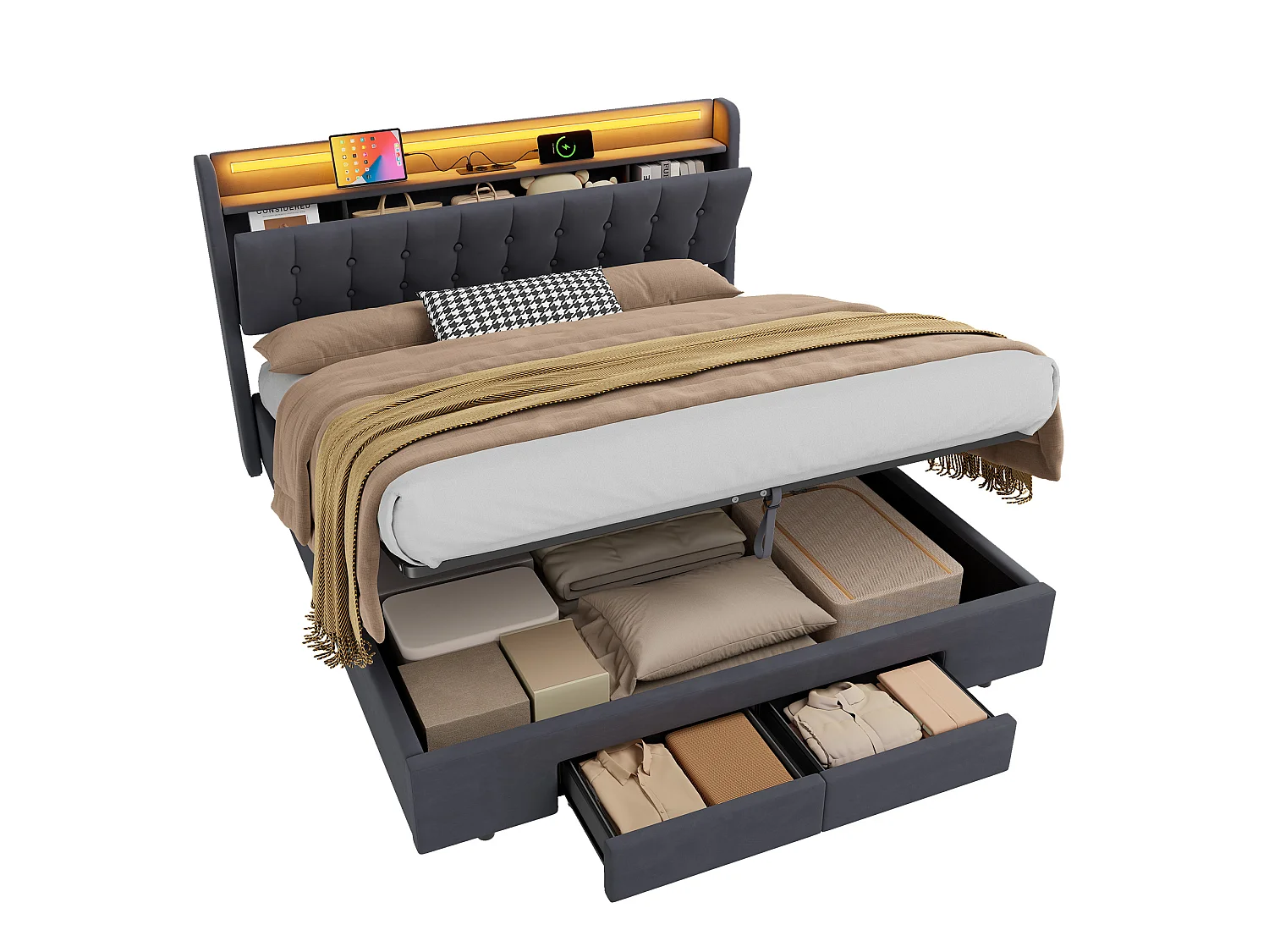 Lit coffre 180x200 cm avec LED, 2 tiroirs, port USB et tête de lit avec rangement, en velours, gris foncé, sans matelas