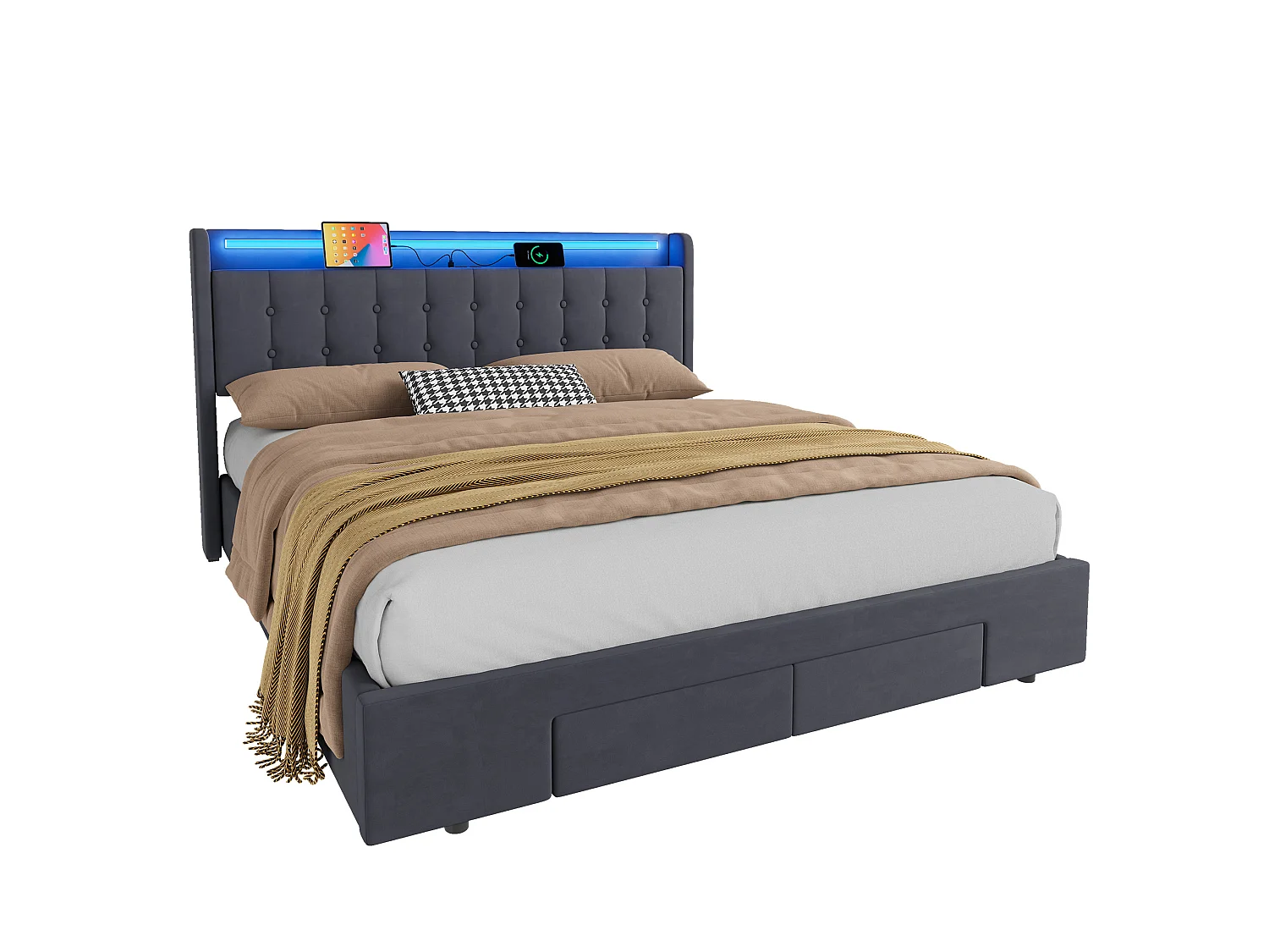 Lit coffre 180x200 cm avec LED, 2 tiroirs, port USB et tête de lit avec rangement, en velours, gris foncé, sans matelas