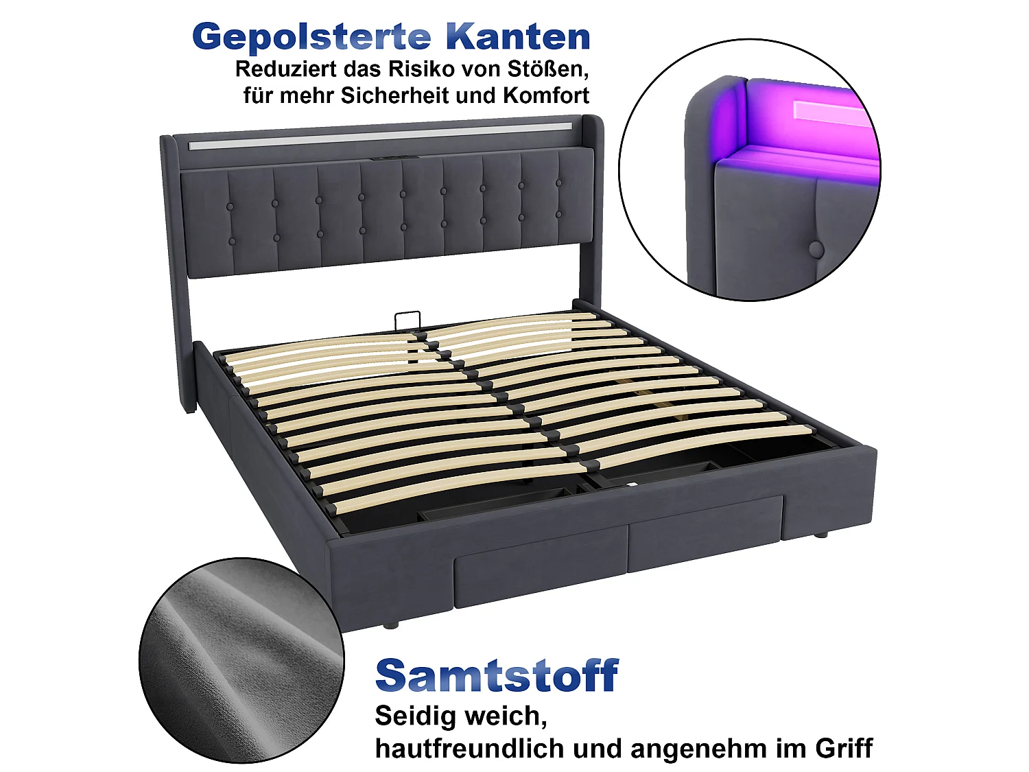 Lit coffre 180x200 cm avec LED, 2 tiroirs, port USB et tête de lit avec rangement, en velours, gris foncé, sans matelas