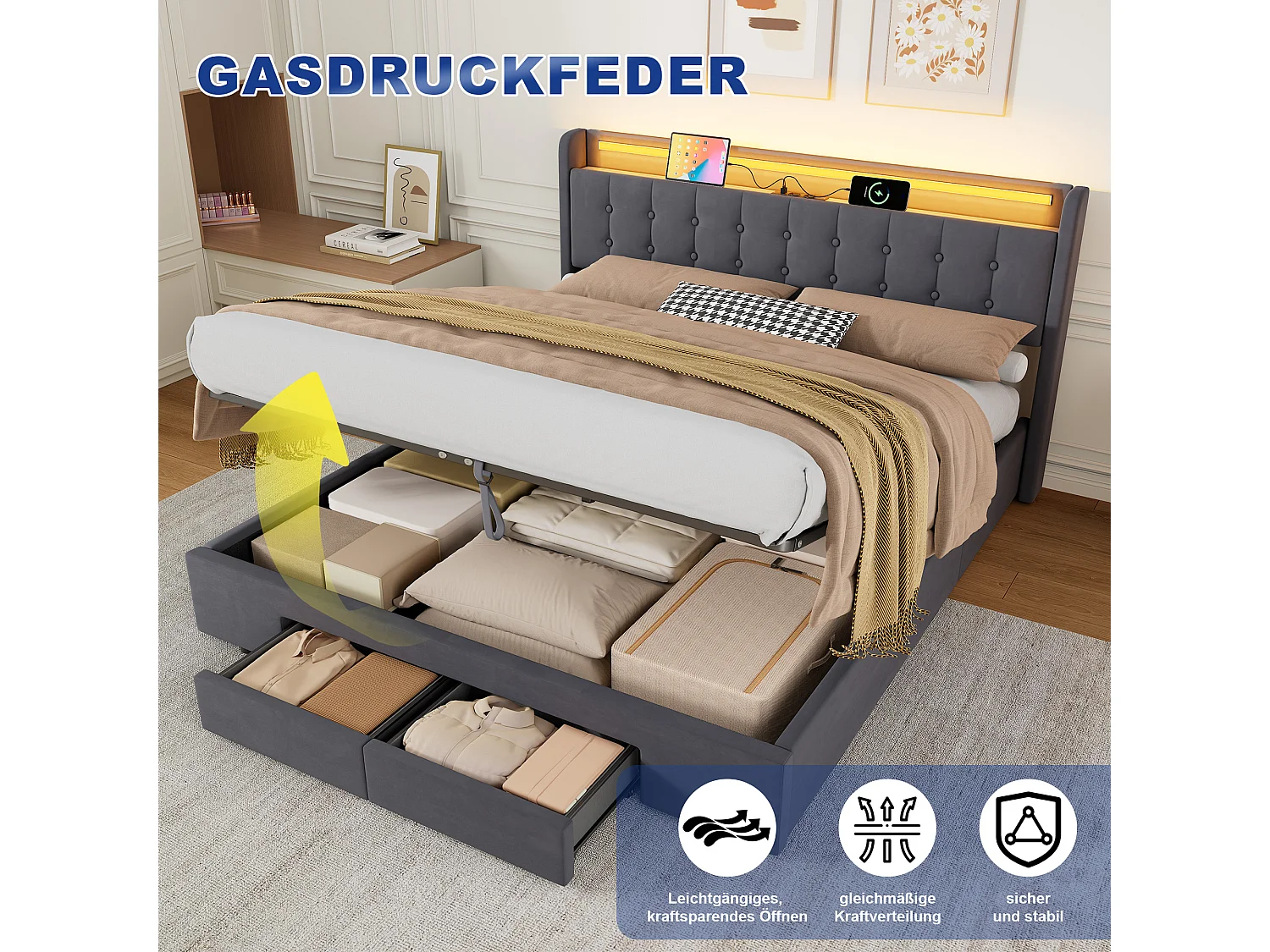 Lit coffre 180x200 cm avec LED, 2 tiroirs, port USB et tête de lit avec rangement, en velours, gris foncé, sans matelas
