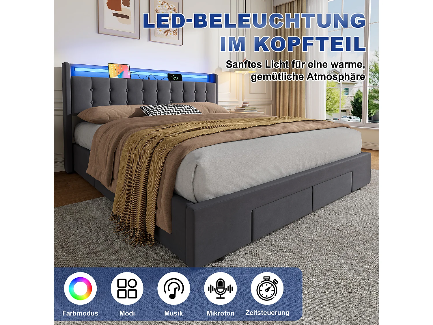 Lit coffre 180x200 cm avec LED, 2 tiroirs, port USB et tête de lit avec rangement, en velours, gris foncé, sans matelas
